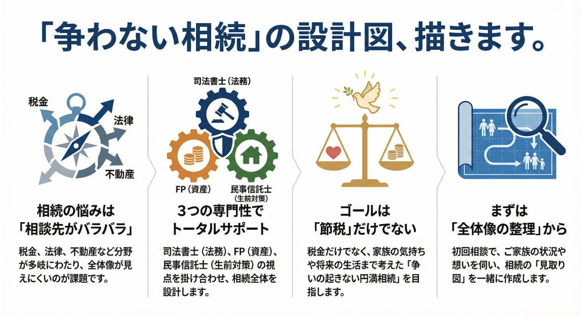 「争わない相続」の設計図、描きます。
相続の全体像を捉え、円満な解決へ導くためのアプローチについて。
相続の悩みは「相談先がバラバラ」
税金、法律、不動産など分野が多岐にわたり、全体像が見えにくいのが課題です。
3つの専門性でトータルサポート
司法書士(法務)、FP(資産)、民事信託士(生前対策)の視点を掛け合わせ、相続全体を設計します。
ゴールは「節税」だけでない
税金だけでなく、家族の気持ちや将来の生活まで考えた「争いの起きない円満相続」を目指します。
まずは「全体像の整理」から
初回相談で、ご家族の状況や想いを伺い、相続の「見取り図」を一緒に作成します。