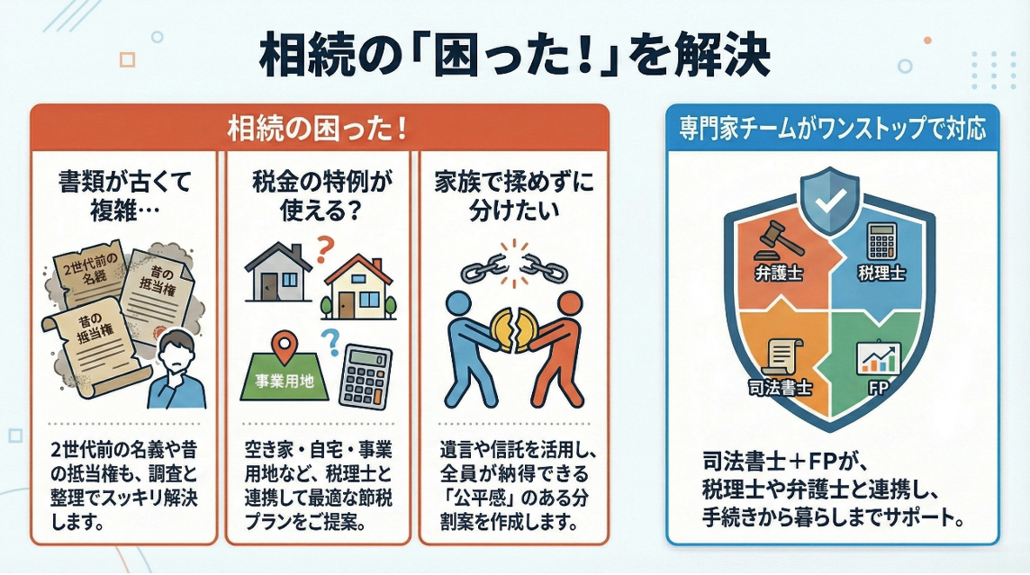 相続の「困った！」を解決
具体的なお悩み事例と、専門家チームによる解決策について

相続の困った！
書類が古くて複雑…

2世代前の名義や昔の抵当権も、調査と整理でスッキリ解決します。

税金の特例が使える？

空き家・自宅・事業用地など、税理士と連携して最適な節税プランをご提案。

家族で揉めずに分けたい

遺言や信託を活用し、全員が納得できる「公平感」のある分割案を作成します。

専門家チームがワンストップで対応
司法書士＋FPが、税理士や弁護士と連携

手続きから暮らしまでトータルでサポートします。