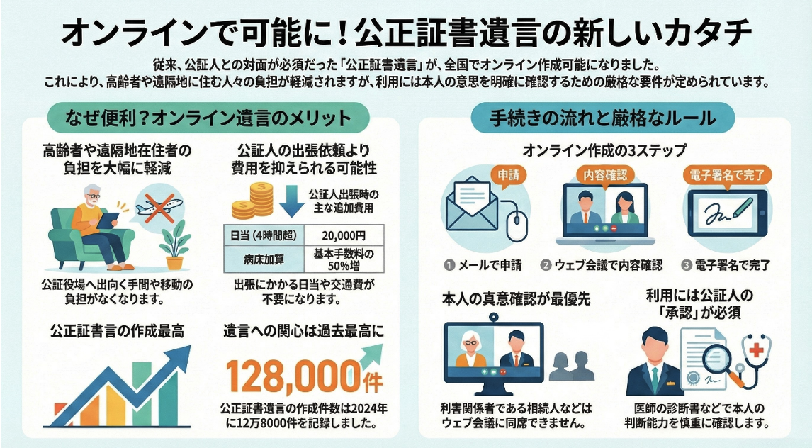 「オンラインで可能に!公正証書遺言の新しいカタチ」のインフォグラフィック。デジタル公正証書遺言のメリット(移動負担や費用の削減、作成件数の増加)と、手続きの流れ(申請・ウェブ会議・電子署名)および厳格な本人確認ルールを図解。