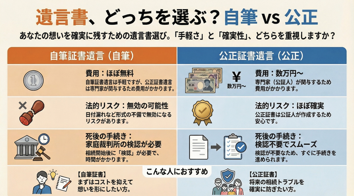 「自筆証書遺言」と「公正証書遺言」の比較チャート。費用、法的リスク(無効の可能性)、死後の手続き(検認の要否)、推奨ターゲットの4点において、手軽な自筆証書と確実な公正証書の違いを図解している。