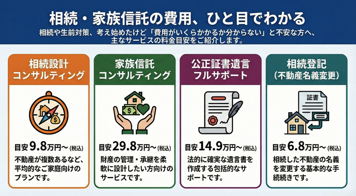 相続・家族信託の費用、ひと目でわかる

相続や生前対策、考え始めたけど「費用がいくらかかるか分からない」と不安な方へ、主なサービスの料金目安をご紹介します。

相続設計コンサルティング
目安 9.8万円〜（税込）

不動産が複数あるなど、平均的なご家庭向けのプランです。

家族信託コンサルティング
目安 29.8万円〜（税込）

財産の管理・承継を柔軟に設計したい方向けのサービスです。

公正証書遺言フルサポート
目安 14.9万円〜（税込）

法的に確実な遺言書を作成する包括的なサポートです。

相続登記（不動産名義変更）
目安 6.8万円〜（税込）

相続した不動産の名義を変更する基本的な手続きです。