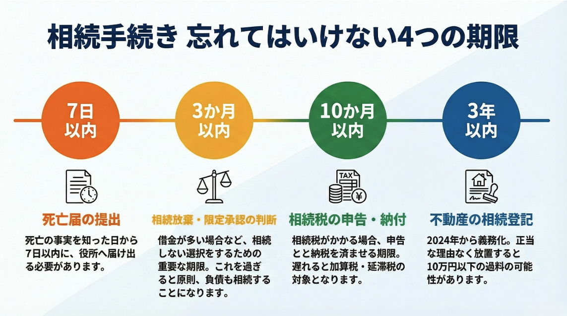 相続手続きにおける主要な4つの期限(7日以内の死亡届、3か月以内の放棄判断、10か月以内の納税、3年以内の不動産登記)と、それぞれの法的義務や遅れた場合のペナルティを図解したインフォグラフィック。