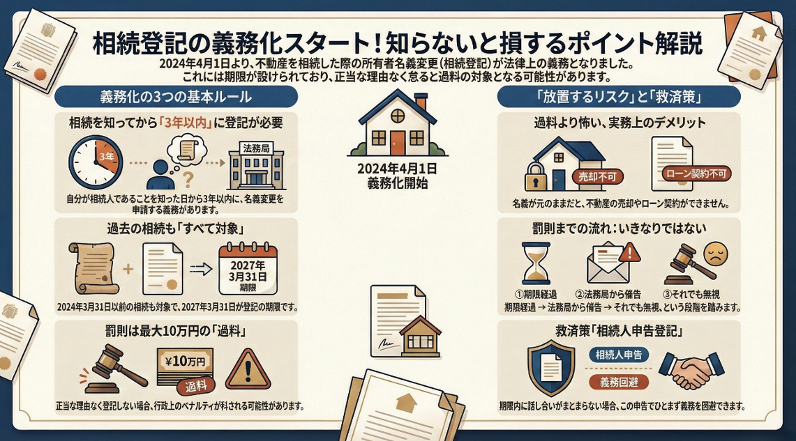 相続登記の義務化（2024年4月1日開始）に関する解説図。3年以内の申請ルール、過去の相続も対象となる期限（2027年3月）、最大10万円の過料、未登記のデメリットや救済策「相続人申告登記」について図解しています。