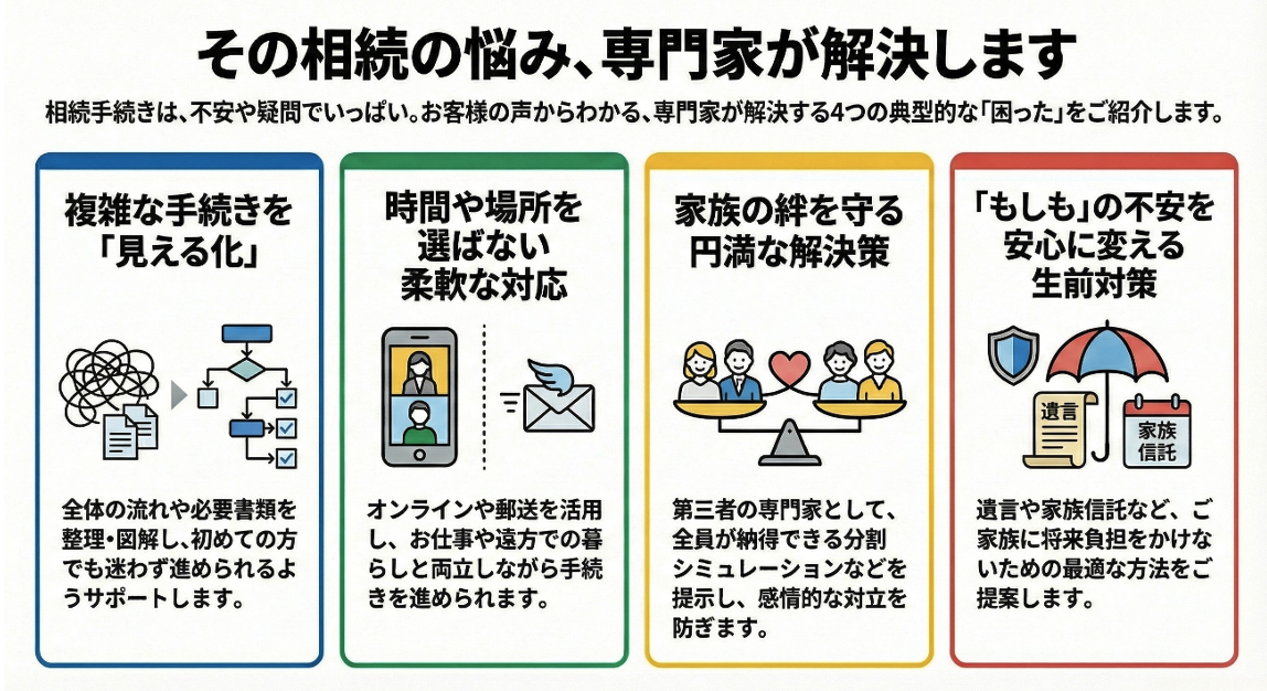 その相続の悩み、専門家が解決します
相続手続きは、不安や疑問でいっぱい。お客様の声からわかる、専門家が解決する4つの典型的な「困った」をご紹介します。
1. 複雑な手続きを「見える化」
全体の流れや必要書類を整理・図解し、初めての方でも迷わず進められるようサポートします。
2. 時間や場所を選ばない柔軟な対応
オンラインや郵送を活用し、お仕事や遠方での暮らしと両立しながら手続きを進められます。
3. 家族の絆を守る円満な解決策
第三者の専門家として、全員が納得できる分割シミュレーションなどを提示し、感情的な対立を防ぎます。
4. 「もしも」の不安を安心に変える生前対策
遺言や家族信託など、ご家族に将来負担をかけないための最適な方法をご提案します。