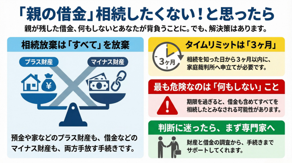 相続放棄の基本と注意点。借金などのマイナス財産を一切引き継がないための手続きについて、相続開始から3ヶ月以内という期限の重要性を強調。放置すると借金を含めすべて相続したとみなされるリスクと、専門家による財産調査の必要性を解説。