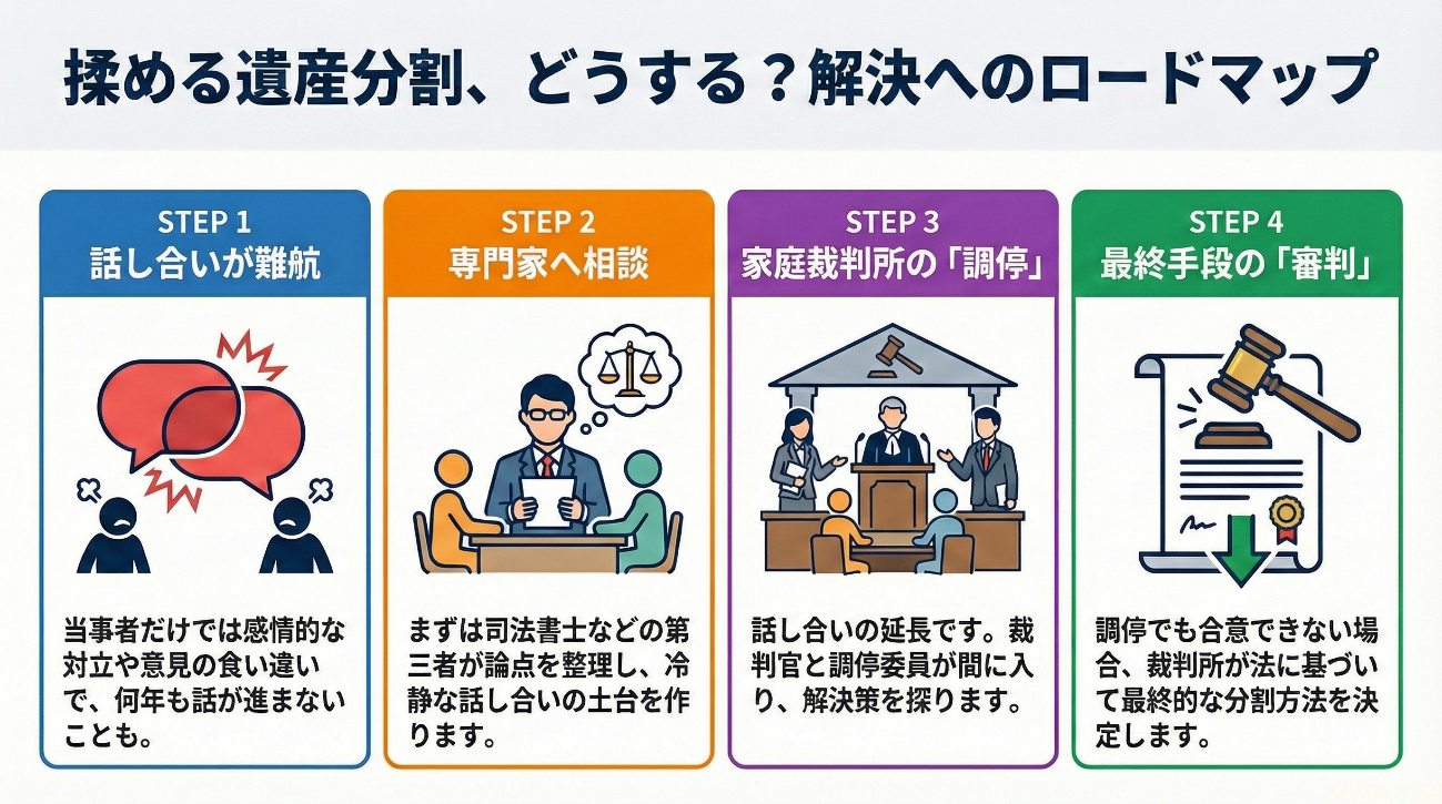揉めた遺産分割を解決する4ステップ。当事者間の話し合いが難航した際、専門家への相談、家庭裁判所での「調停」、最終的な「審判」へと進む公的な解決プロセスを解説したインフォグラフィック。