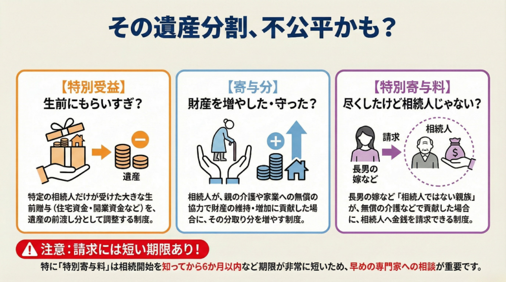 遺産分割の不公平を調整する「特別受益」「寄与分」「特別寄与料」の解説。生前贈与の持ち戻しや、介護・家業への貢献を取り分に反映させる仕組みを説明。特別寄与料の請求期限（6か月）が非常に短いことへの注意喚起と専門家相談の重要性を提示