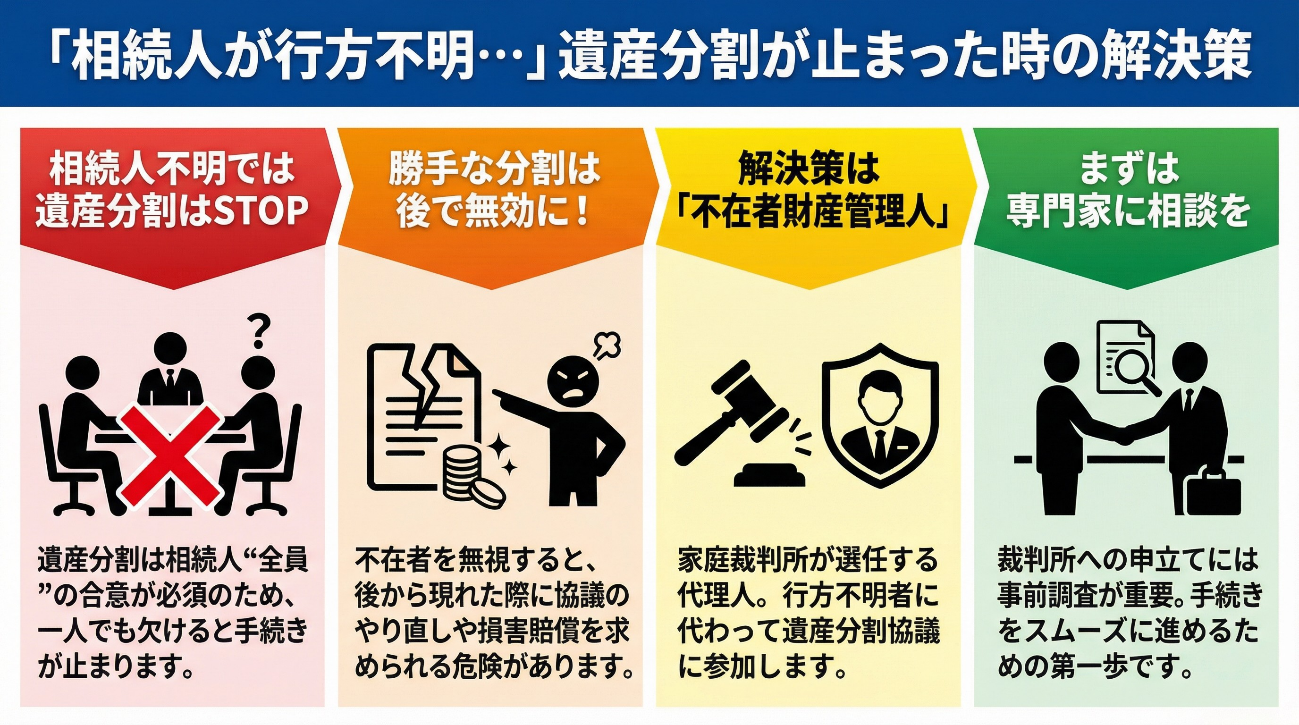 行方不明の相続人がいる場合の対処法。全員合意が必要な遺産分割協議を止めてしまわないために、家庭裁判所が選任する代理人「不在者財産管理人」を立てる解決プロセスを解説。勝手な分割による無効リスクを回避し、専門家と連携して手続きを進める重要性を提示。