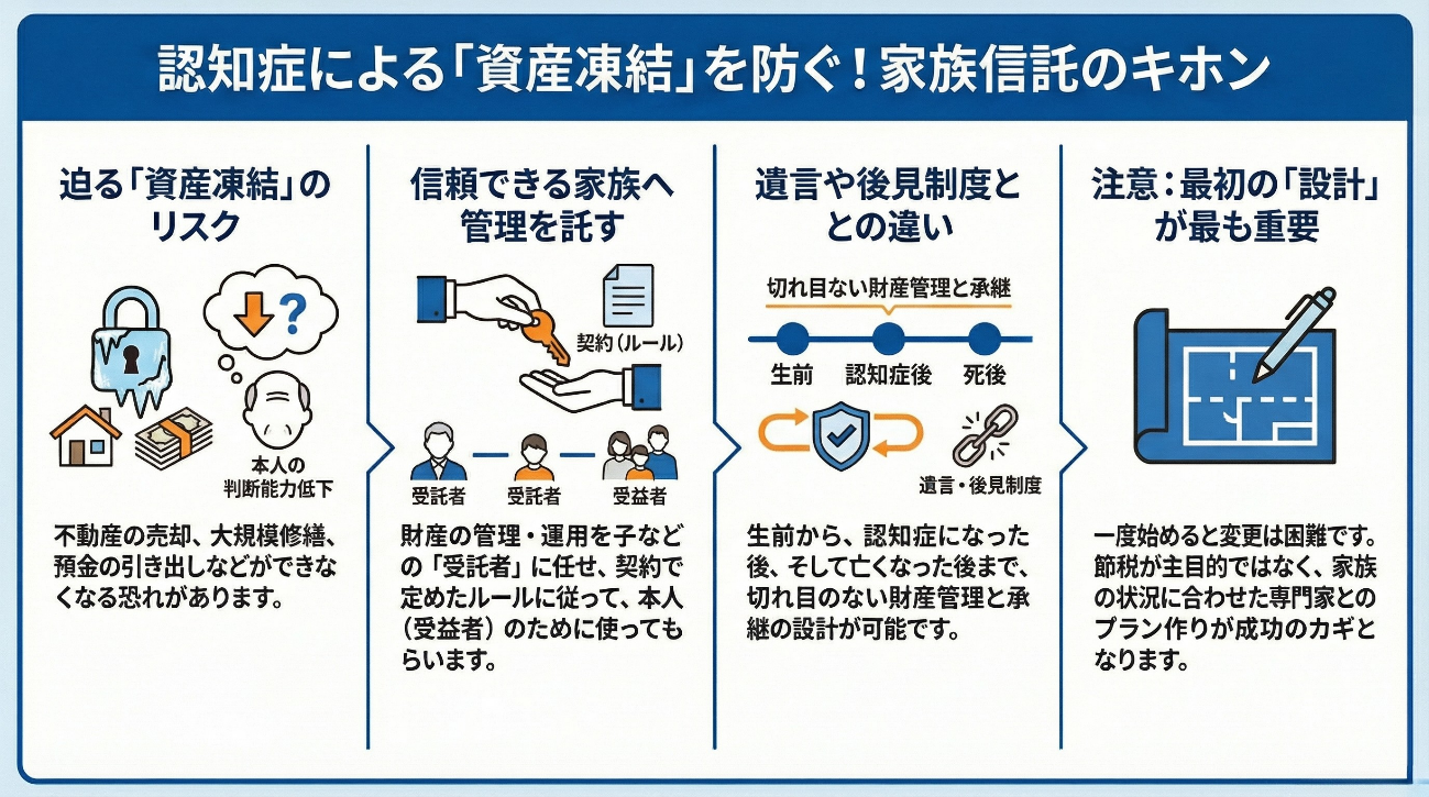 認知症による資産凍結を防ぐ「家族信託」の基本解説図。4つのポイントで構成：1.資産凍結のリスク（判断能力低下により不動産売却や預金引出しが困難になる）、2.信頼できる家族への管理委託（受託者がルールに従い受益者のために財産を管理）、3.遺言や後見制度との違い（生前から死後まで切れ目のない財産管理が可能）、4.最初の設計の重要性（変更が困難なため専門家とのプラン作りが成功のカギ）。
