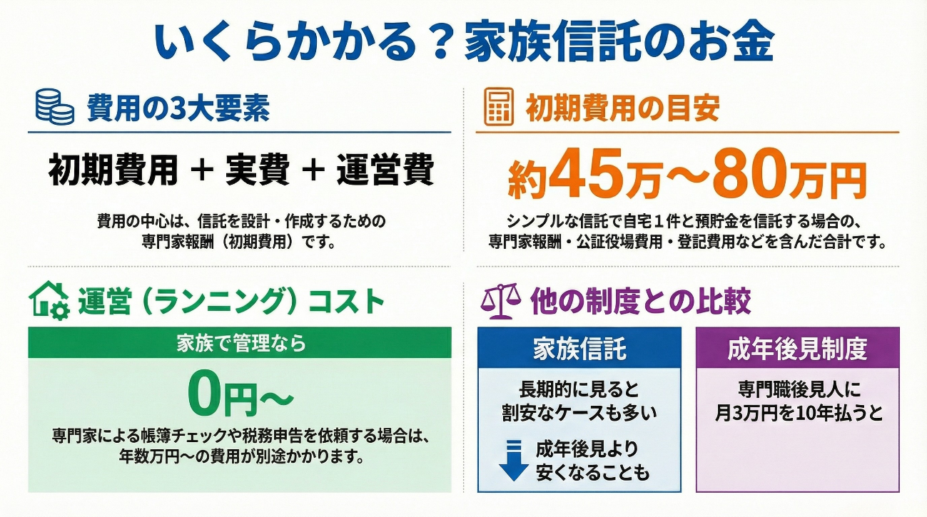 「いくらかかる?家族信託のお金」についての解説図。4つの項目で構成:1.費用の3大要素(初期費用、実費、運営費があり、中心は専門家報酬)、2.初期費用の目安(自宅1件と預貯金の場合、合計で約45万〜80万円)、3.運営コスト(家族管理なら0円から。専門家へ依頼する場合は年数万円〜)、4.他の制度との比較(長期的に見ると成年後見制度より家族信託の方が割安になるケースが多いことを示唆)。