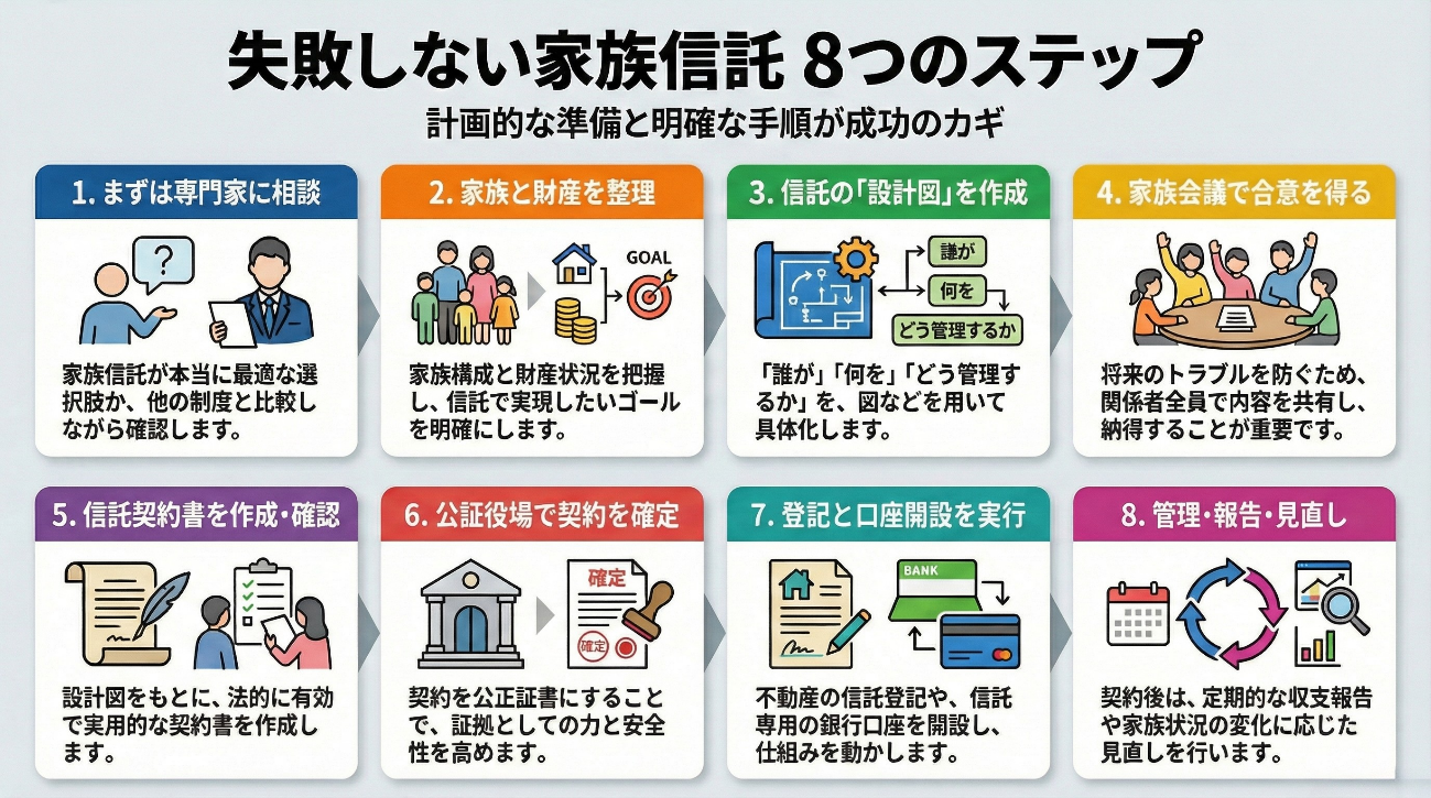 「失敗しない家族信託 8つのステップ」の解説図。
1.専門家への相談：最適な選択肢か比較・確認。
2.家族と財産の整理：家族構成と財産状況の把握、ゴールの明確化。
3.信託の「設計図」を作成：「誰が」「何を」「どう管理するか」を具体化。
4.家族会議で合意：関係者全員での内容共有と納得。
5.信託契約書の作成・確認：法的有効性と実用性のある契約書作り。
6.公証役場で契約を確定：公正証書化による証拠力と安全性の向上。
7.登記と口座開設：不動産信託登記や専用口座開設で仕組みを始動。
8.管理・報告・見直し：定期的な収支報告と状況に応じた見直し。