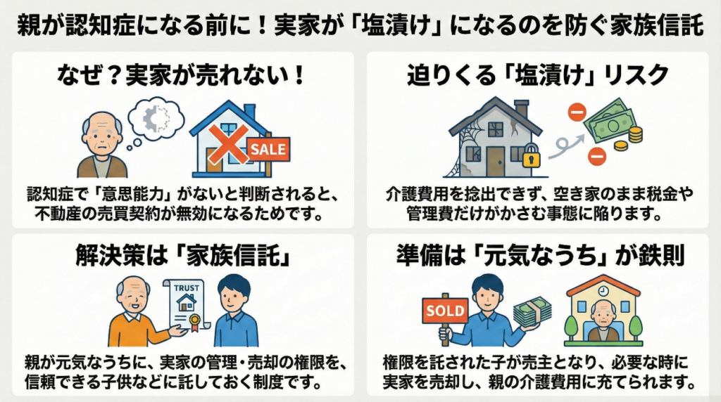 「親が認知症になる前に！実家が『塩漬け』になるのを防ぐ家族信託」の解説図。4つのセクションで構成：1.なぜ実家が売れない？（認知症で意思能力がないと判断されると、不動産の売買契約が無効になるため）、2.迫りくる「塩漬け」リスク（介護費用を捻出できず、空き家のまま税金や管理費だけがかさむ事態）、3.解決策は「家族信託」（親が元気なうちに、実家の管理・売却権限を信頼できる子供に託す）、4.準備は「元気なうち」が鉄則（権限を託された子が売主となり、必要な時に実家を売却して親の介護費用に充てられる）。