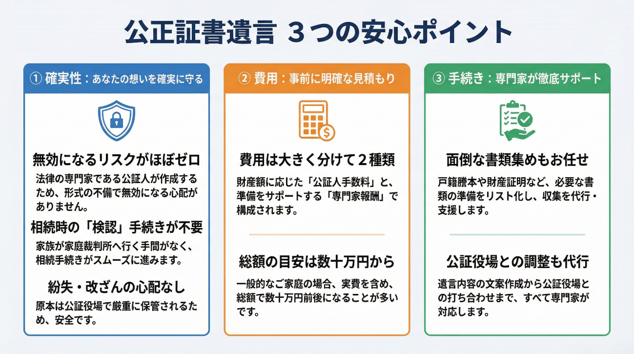 「公正証書遺言 3つの安心ポイント」の解説図。
1.確実性：公証人が作成するため形式不備による無効リスクがほぼゼロ。相続時の検認手続きが不要で、原本は公証役場で保管されるため紛失・改ざんの心配がない。
2.費用：公証人手数料と専門家報酬の2種類で構成。総額の目安は一般的な家庭で数＋万円前後。
3.手続き：戸籍謄本などの書類収集や公証役場との調整、文案作成まで専門家が徹底サポートし、家族の負担を軽減する。