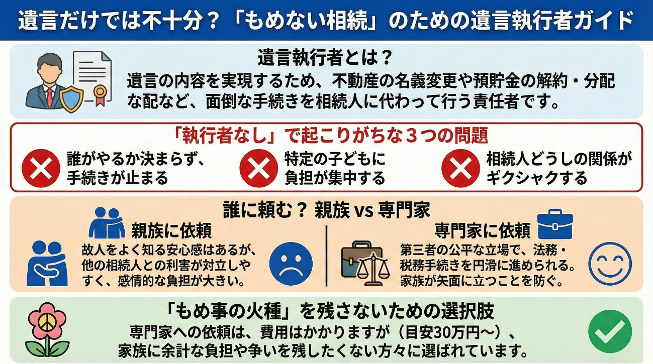 「遺言だけでは不十分？もめない相続のための遺言執行者ガイド」の解説図。
1.遺言執行者の役割：不動産の名義変更や預貯金の解約・分配など、面倒な手続きを相続人に代わって行う責任者。
2.執行者がいない場合の3つの問題：誰がやるか決まらず手続きが止まる、特定の子に負担が集中する、相続人どうしの関係がギクシャクする。
3.誰に頼むかの比較：親族への依頼は安心感があるが感情的負担が大きい。専門家への依頼は公平な立場で事務を円滑に進められ、家族が矢面に立つのを防げる。
4.結論：専門家への依頼（目安30万円〜）は、家族に負担や争いを残したくない方に選ばれている。