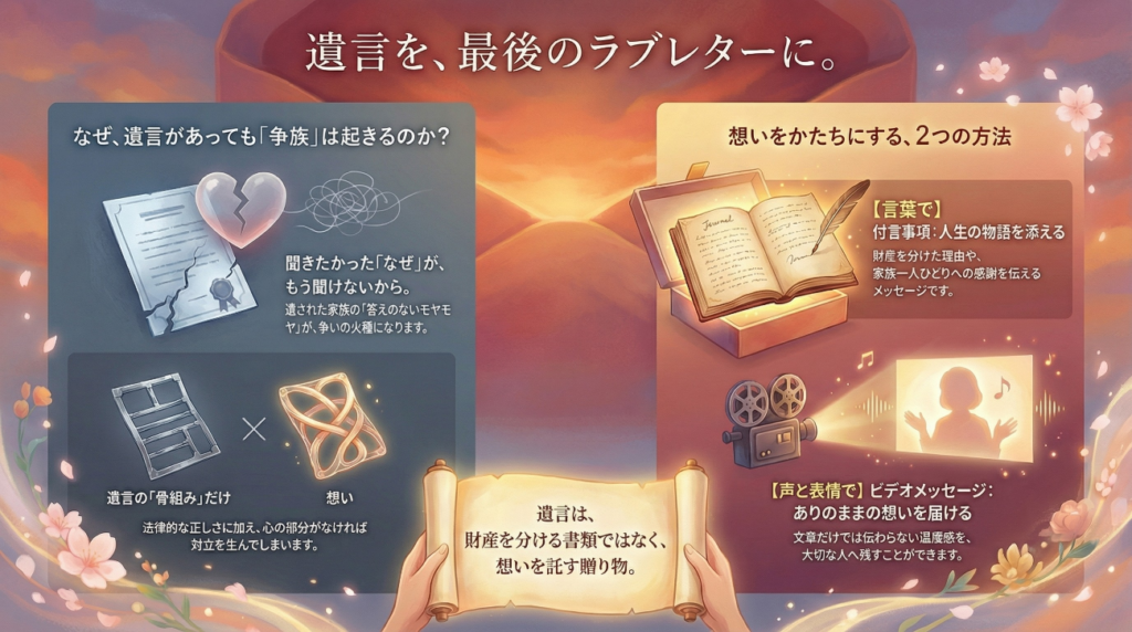 「遺言を、最後のラブレターに。」というメッセージが書かれた情緒的な解説図。
1.なぜ「争族」が起きるのか：法的正しさ（骨組み）だけで「想い」がないと、遺された家族のモヤモヤが争いの火種になる。
2.想いをかたちにする2つの方法：【言葉で】付言事項として財産を分けた理由や感謝のメッセージを添える。【声と表情で】ビデオメッセージにより、文章だけでは伝わらない温度感を届ける。
結論：遺言は単なる財産を分ける書類ではなく、想いを託す贈り物であるという考え方を提示。