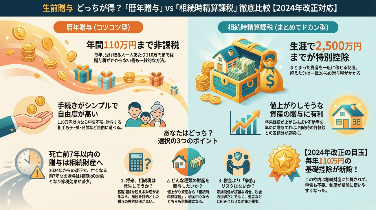 生前贈与の比較図「暦年贈与（コツコツ型）」vs「相続時精算課税（まとめてドカン型）」【2024年改正対応】。
左側（暦年贈与）：年間110万円まで非課税で手続きがシンプルだが、改正により亡くなる前7年以内の贈与は相続財産に加算される。
右側（相続時精算課税）：生涯2,500万円まで特別控除があり値上がり資産の贈与に有利。2024年改正の目玉として、この制度にも「毎年110万円の基礎控除」が新設され、この枠内は相続財産に加算されず申告も不要。
下部：選択の3つのポイント（将来の相続税発生の有無、贈与したい財産の種類、争族リスクの有無）を提示。