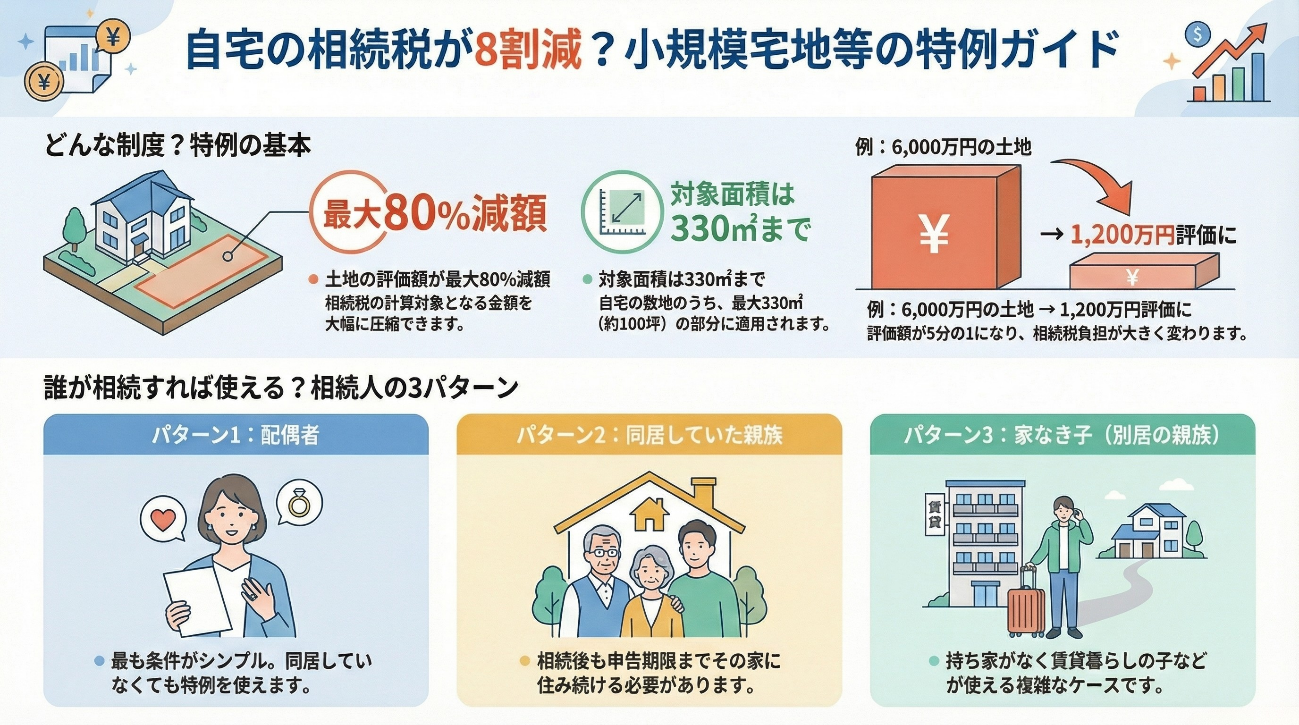 「自宅の相続税が8割減？小規模宅地等の特例ガイド」の解説図。
1.特例の基本：自宅敷地のうち最大330平米（約100坪）までの土地評価額を最大80%減額できる制度。例として、6,000万円の土地が1,200万円評価まで圧縮される図解を掲載。
2.使える相続人の3パターン：
パターン1・配偶者（最も条件がシンプル。同居不要）、
パターン2・同居していた親族（相続後も申告期限まで住み続けることが条件）、
パターン3・家なき子（持ち家がなく賃貸暮らしの子などが使える複雑なケース）。
結論：自宅の相続税負担を大幅に軽減するための重要な特例であると説明。
