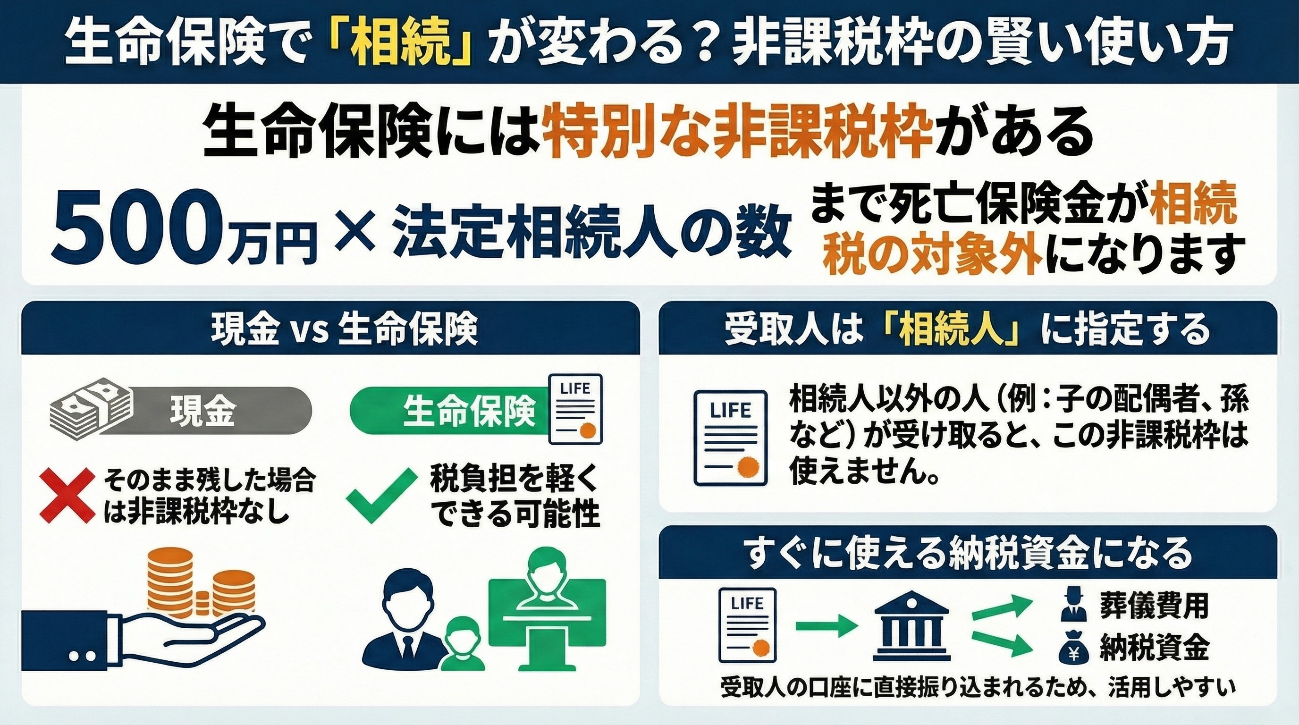 「生命保険で相続が変わる？非課税枠の賢い使い方」の解説図。
1.特別な非課税枠：死亡保険金のうち「500万円 × 法定相続人の数」までが相続税の対象外になる。
2.現金 vs 生命保険：現金をそのまま残すと非課税枠はないが、生命保険に変えることで税負担を軽くできる。
3.受取人の指定：受取人を「相続人」に指定することが必須条件。相続人以外（子の配偶者や孫など）が受け取ると非課税枠は使えない。
4.納税資金としての活用：受取人の口座に直接振り込まれるため、葬儀費用や納税資金としてすぐに使えるメリットがある。